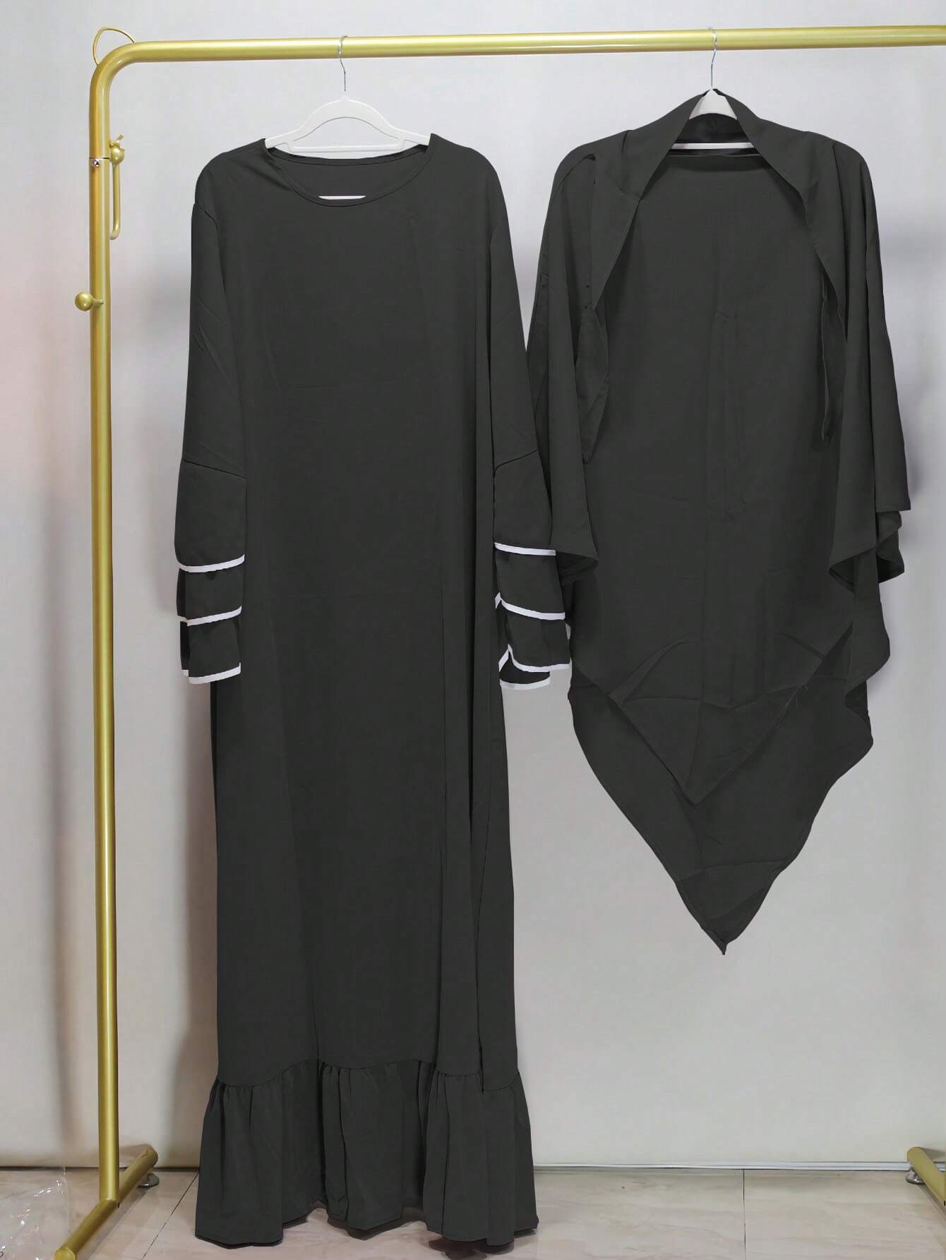 Elegant White Abaya Gown with Pleated Ruffle Sleeves Waist Belt and