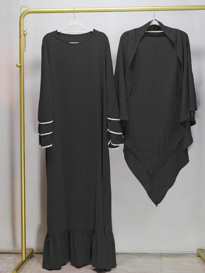 Elegant White Abaya Gown with Pleated Ruffle Sleeves Waist Belt and