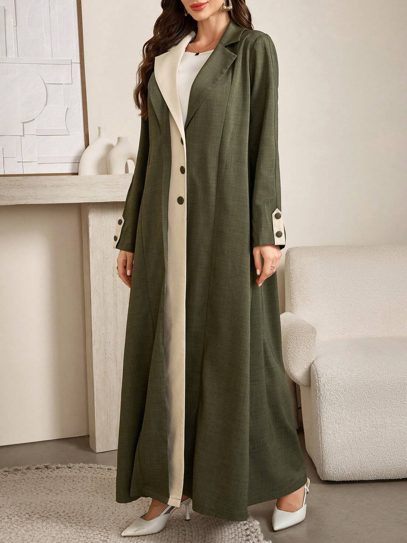 Women's Front Button Contrast Color Elegant Modest Arabian Long