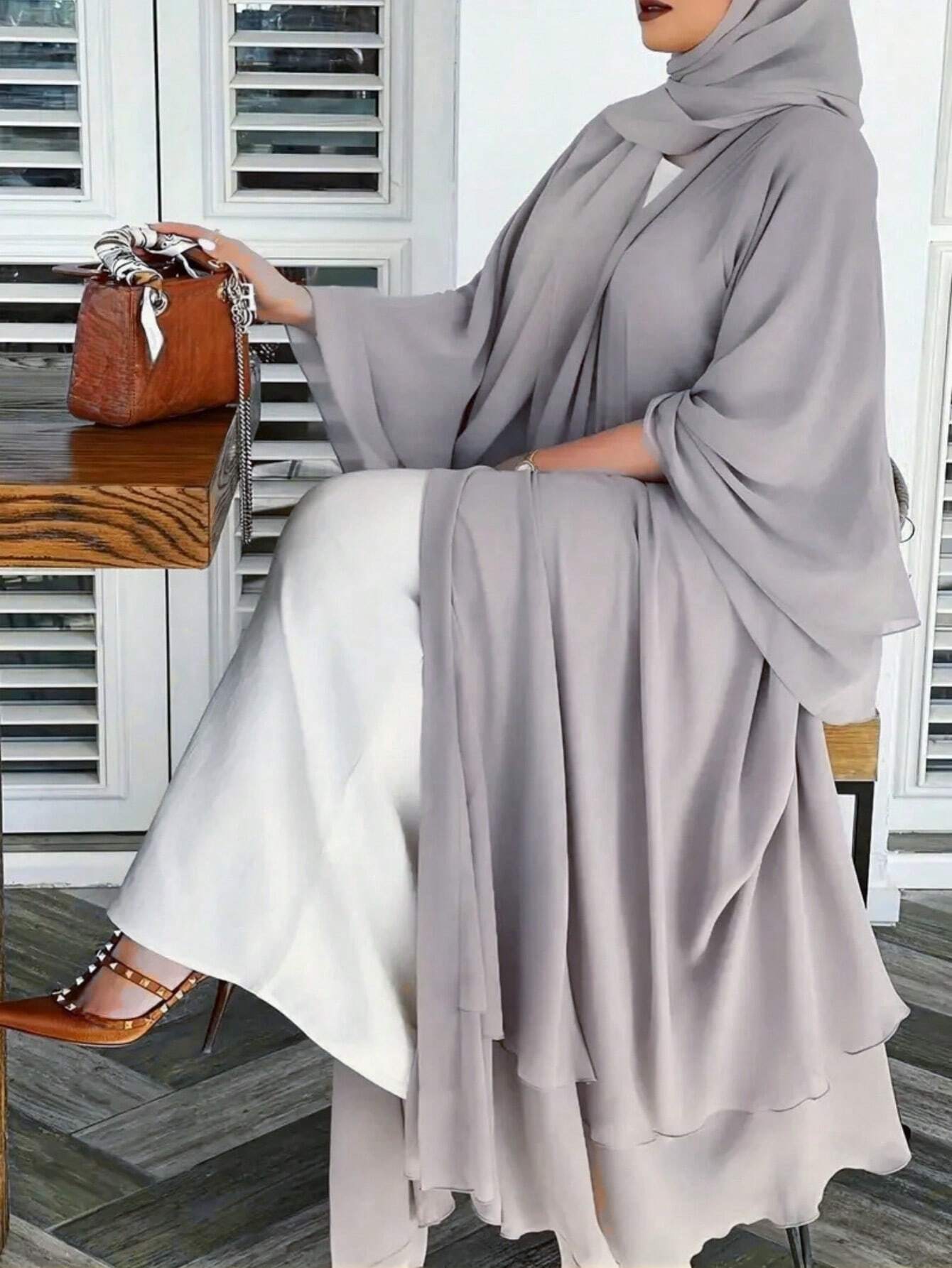 Elegant Casual Lightweight Polyester Chiffon Abaya with Matching