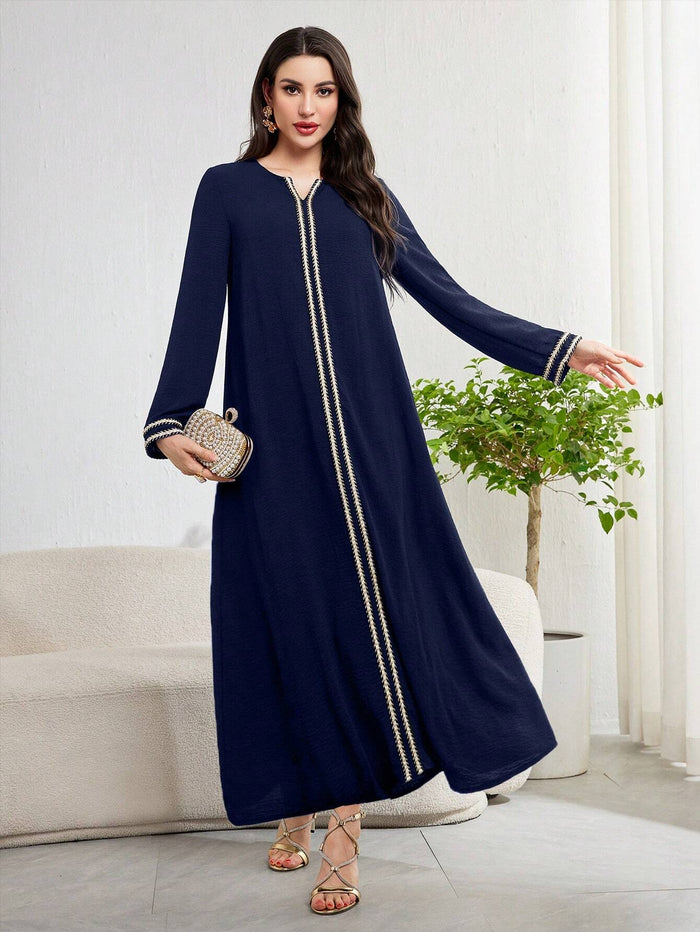 Women's Notched Neck Long Sleeve Patchwork Strap Arabian Modest Dress