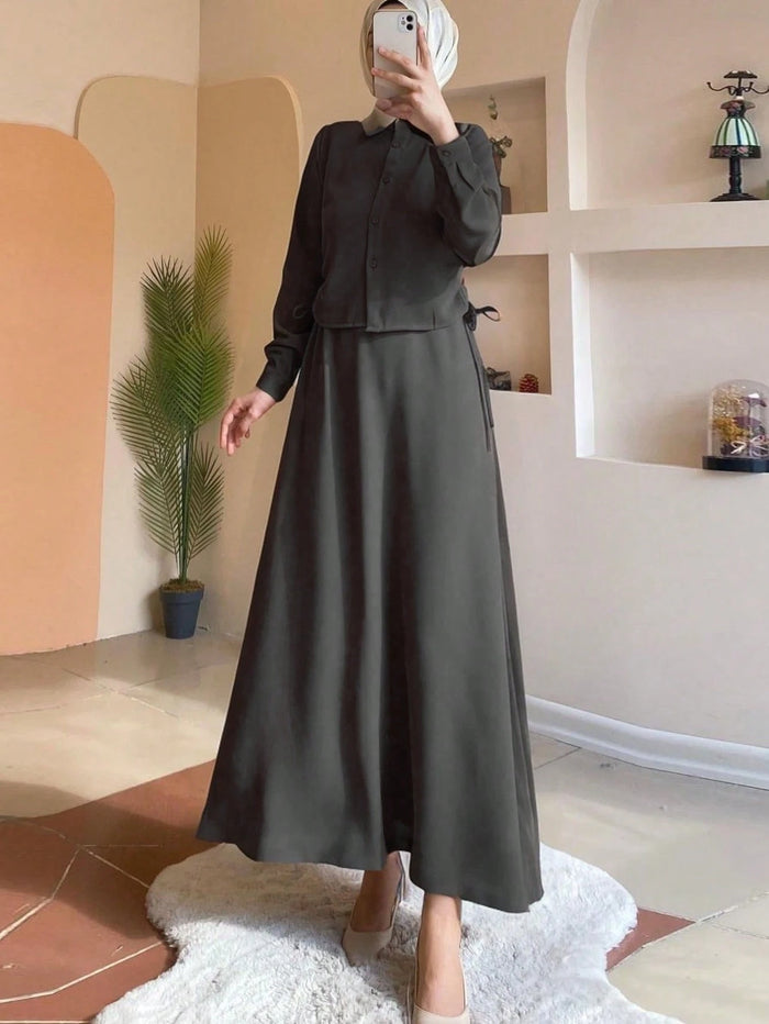 Women's Casual Solid Color Long Sleeve Drawstring Waist Shirt and