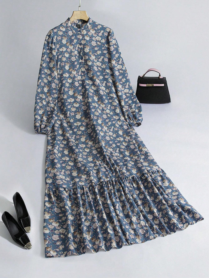 Women's Casual Ditsy Floral Modest Long Sleeve Arabian Long Dress