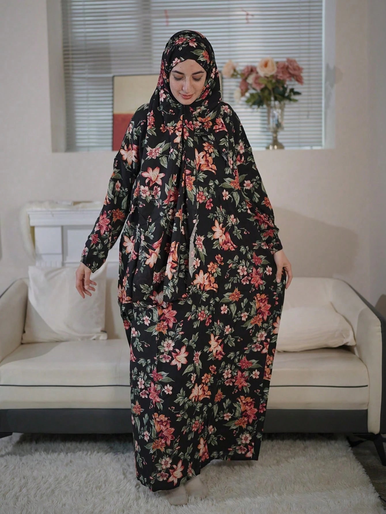 Floral Print Hooded Modest Dress Elegant Long Sleeve Maxi with Hijab