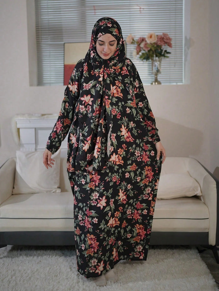 Floral Print Hooded Modest Dress Elegant Long Sleeve Maxi with Hijab