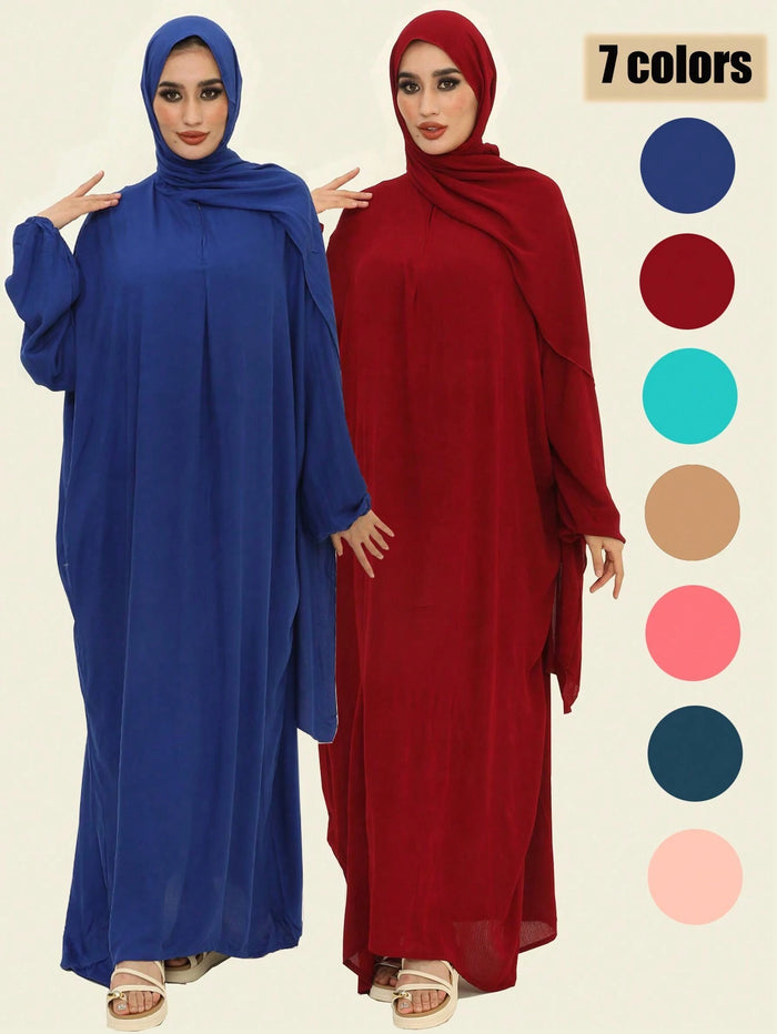 Solid Colored Hijab Elegant Dubai Abaya and Moroccan Ladies Dress