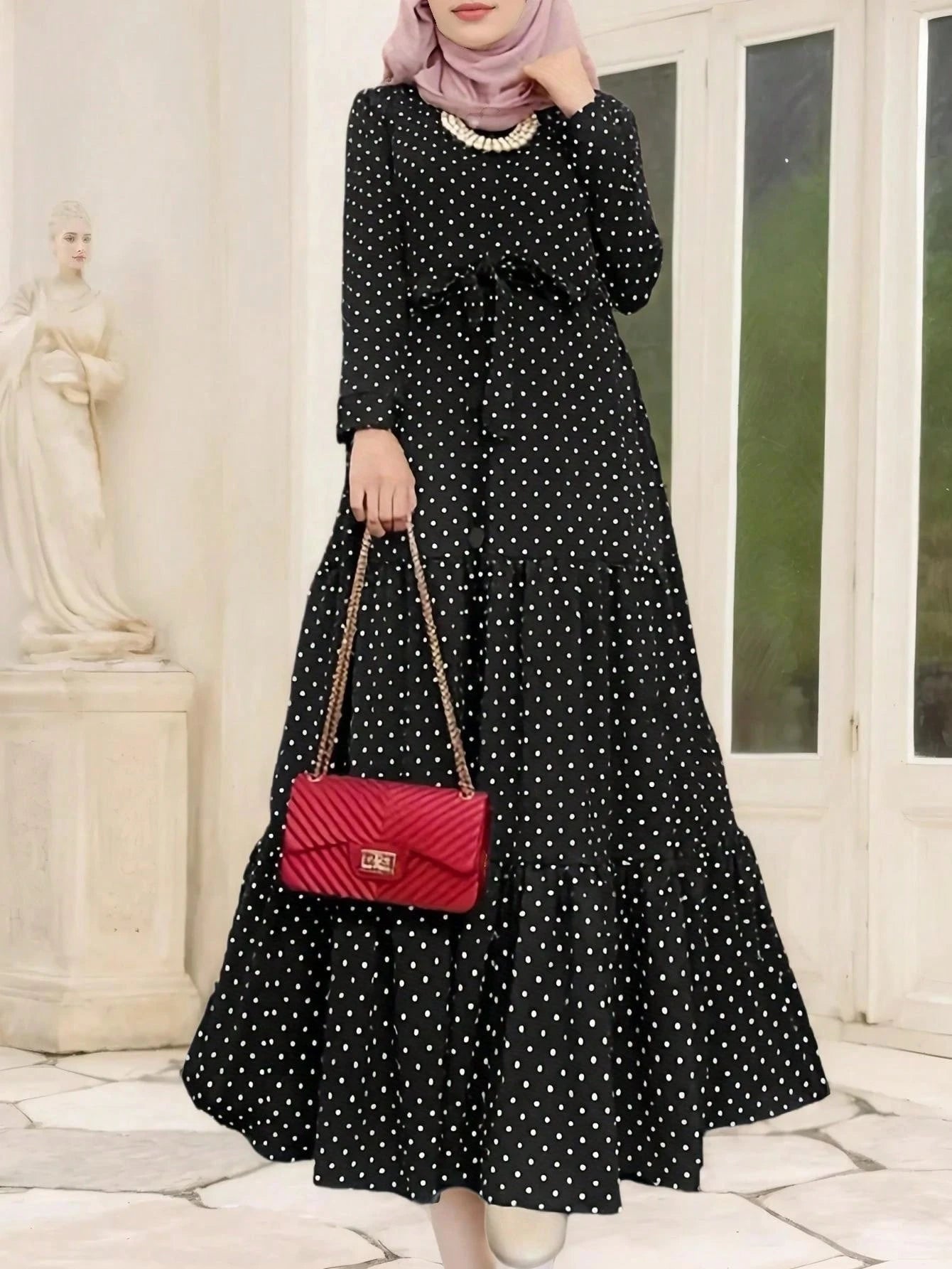Long A-line Dress Long Sleeve High Waist Belted Robe