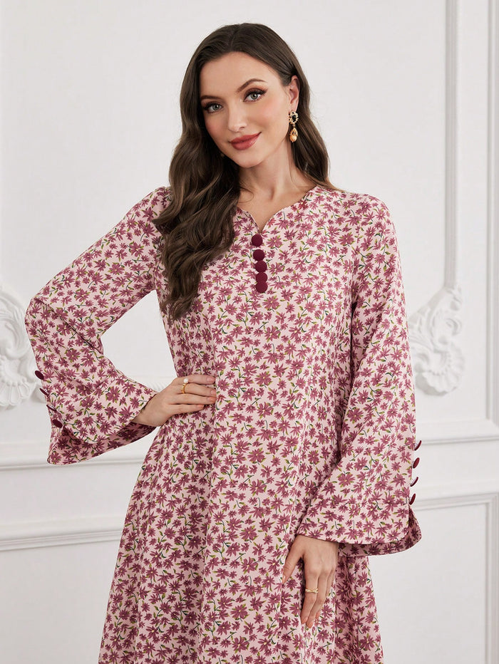 Women's Ditsy Floral Arabian Contrast Color Buttoned Dress with Bell