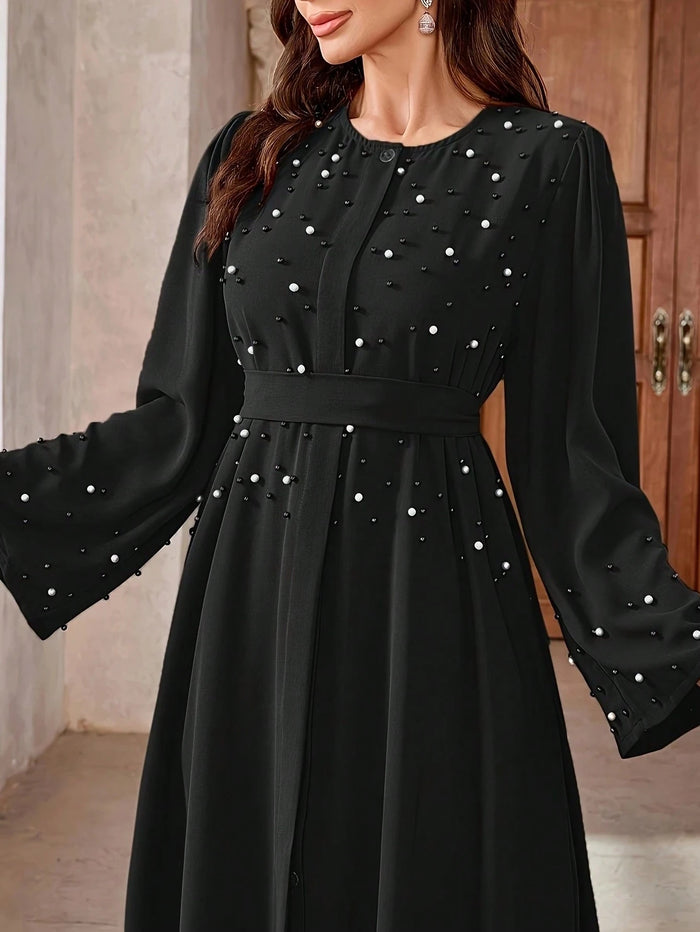 Solid Color Elegant Turkish Style Women Long Robe Robe Faux Pearl