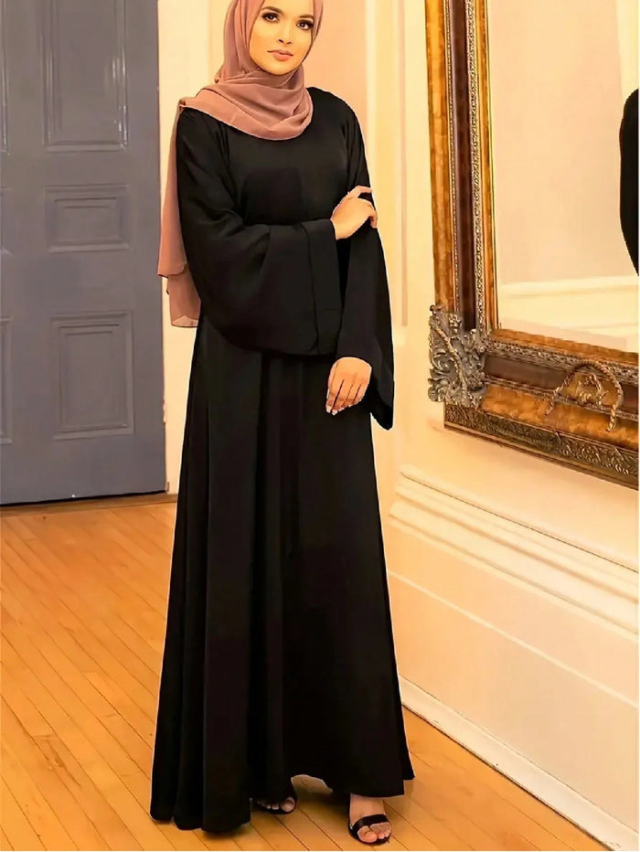Fashiona Women's Solid Color Round Neck Loose Long Sleeve Robe Black
