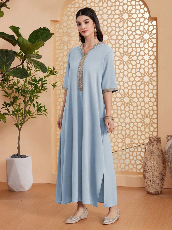 Women's Patchwork Webbing Hooded Half Sleeve Loose Turkish Dress
