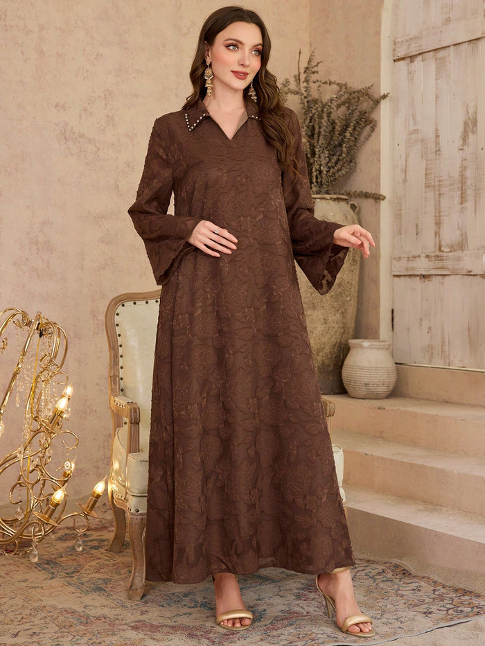 Women's Rhinestone Decor Long Sleeve Casual Long Dress