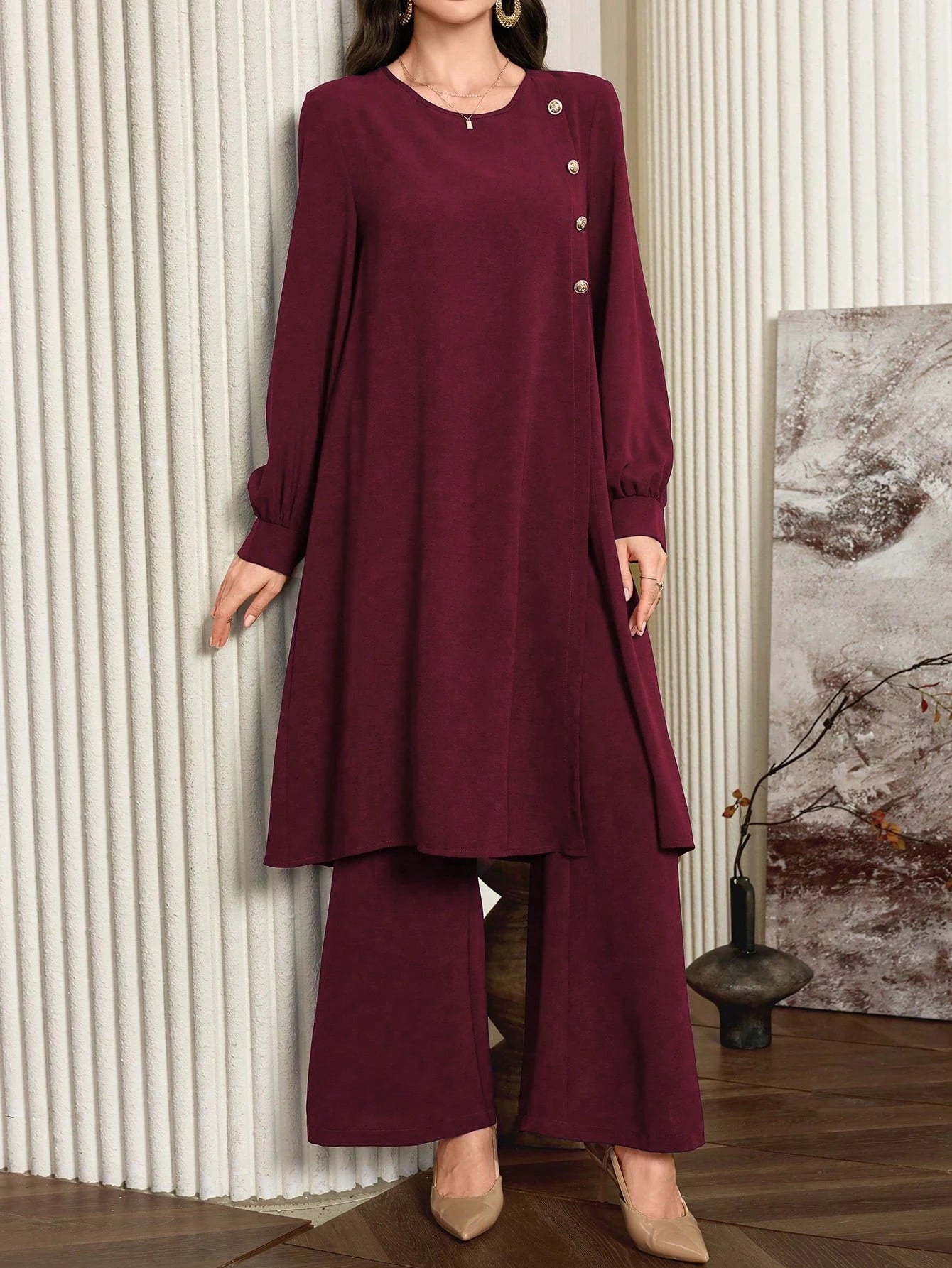 Women Solid Color Round Neck Long Sleeve Button Design Long Top
