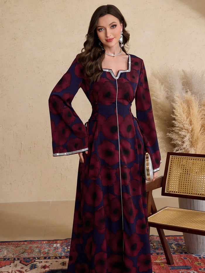 Women's Floral Print Bell Sleeve Arabian Style Dress