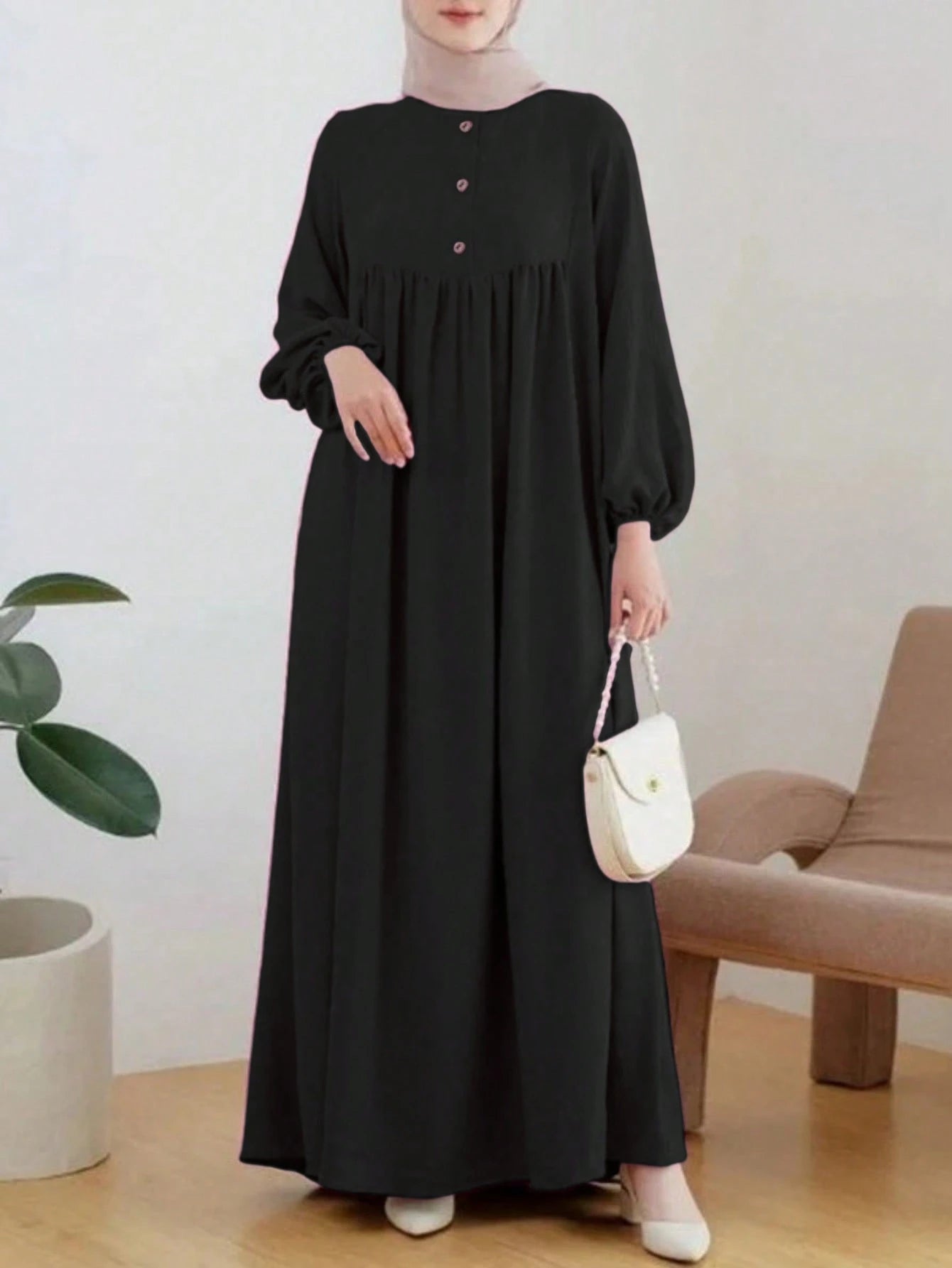 Fashionable Women's Casual Round Neck Puff Sleeve Loose Dress