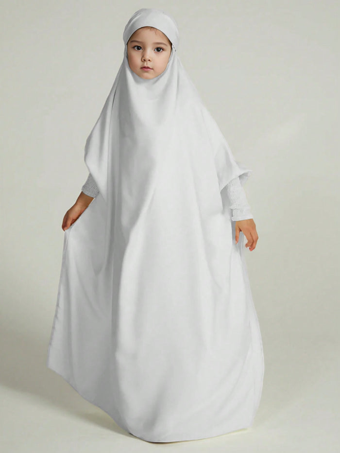 Girls' Abaya Dress with Attached Hijab - White