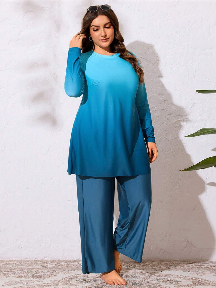 Plus Size Women S Ombre Color Block Print Long Sleeve Round Neck