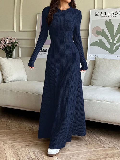 Plain Knit Round-Neck Long Dress — Fall & Winter - Navy Blue