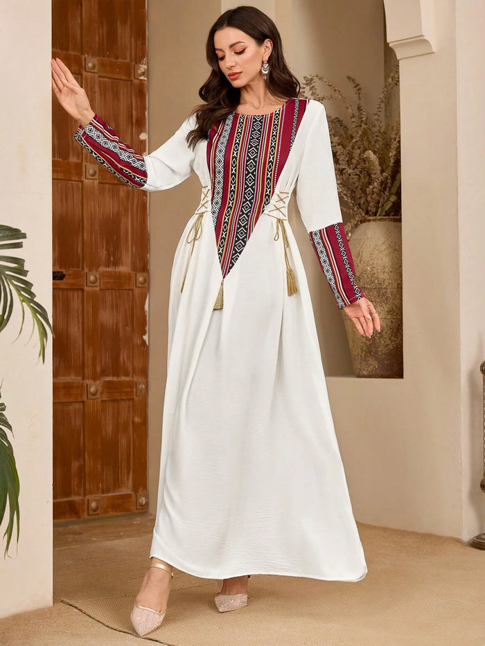 Women's Spring/summer Round Neck Side Tie Up Retro Pattern Patchwork