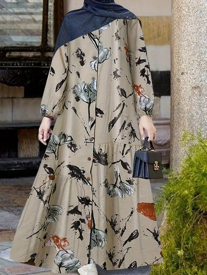 Women S Elegant Floral All Over Print Ankle Length Robe Modest Kaftan
