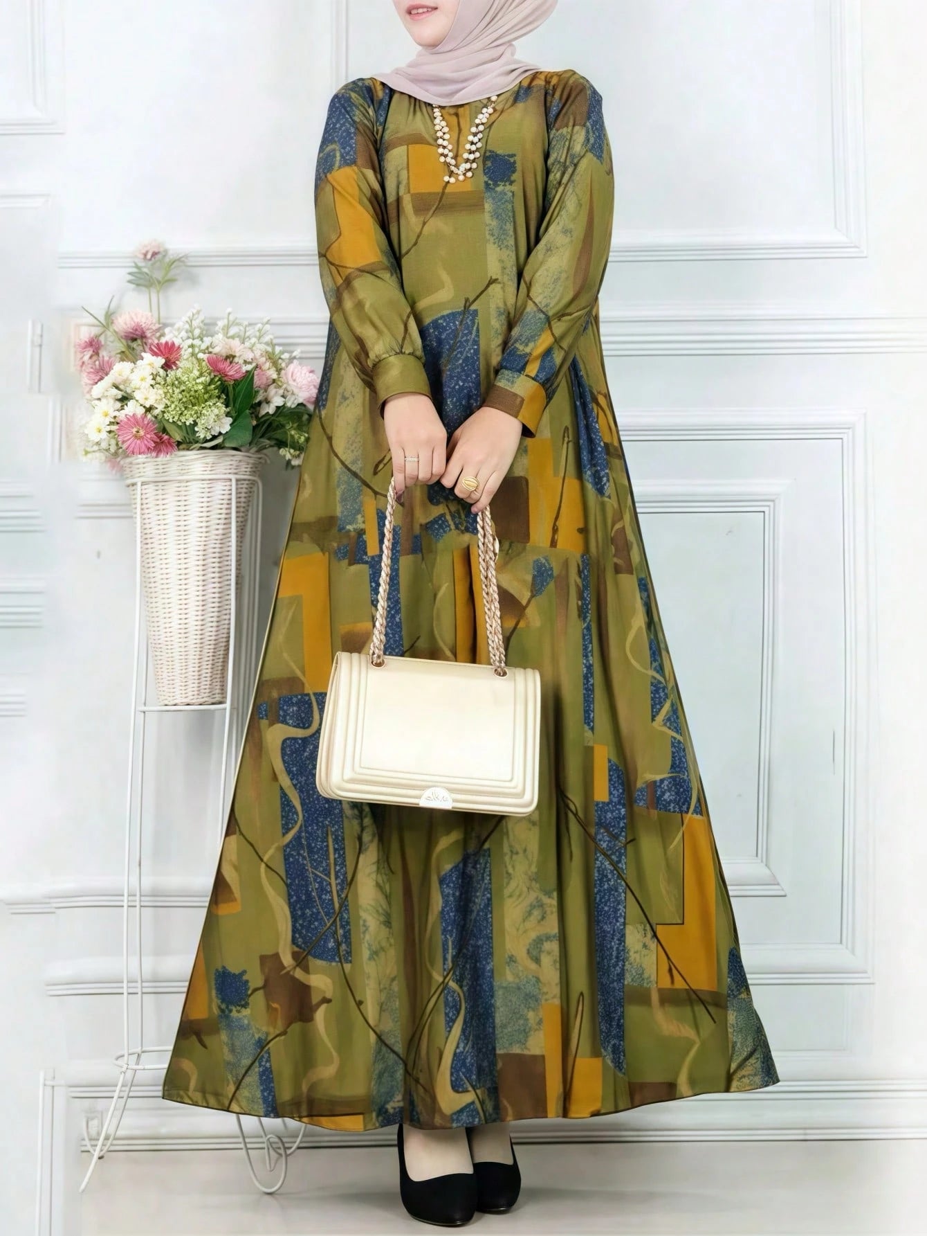 Women S Geometric Print Long Sleeve Loose Casual Arabic Style Modest