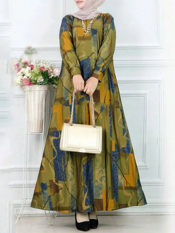 Women S Geometric Print Long Sleeve Loose Casual Arabic Style Modest