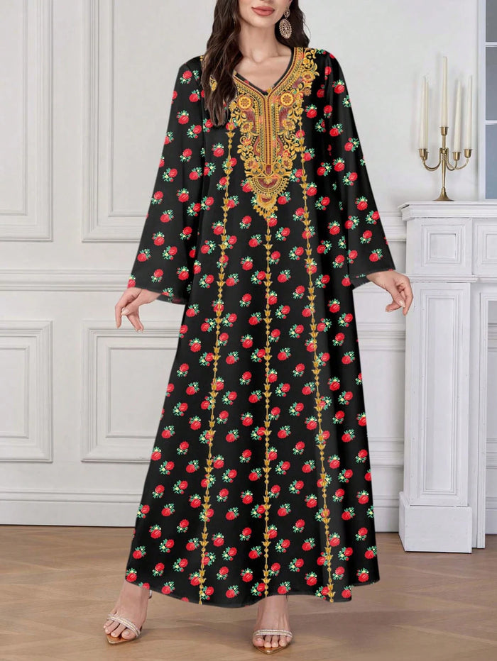 Women's Arabic Graphic Print V-neck Long Sleeve Shalky Printed