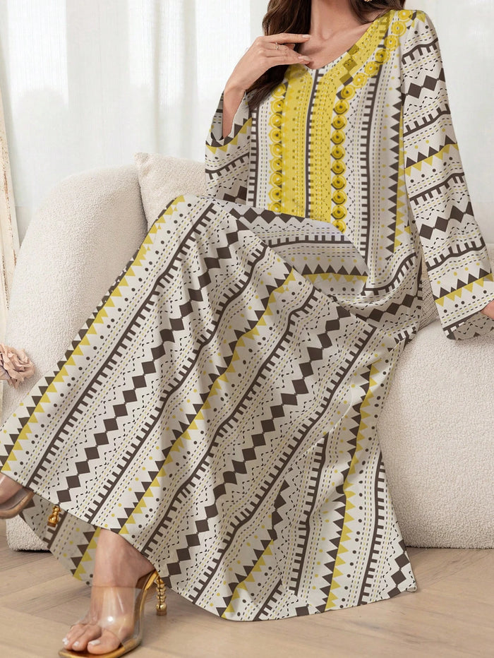 Geometric Print Long Sleeve Casual Arabian Kaftan Dress for Women