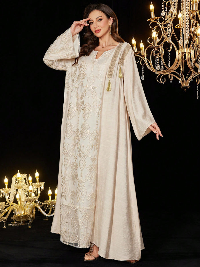 Embroidered Mesh Tassel Trim Turkish & Arabic Style Maxi Dress for