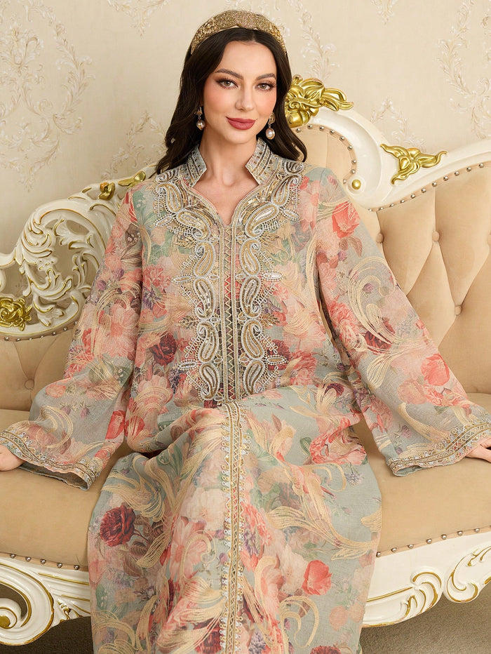 Spring/summer Ruffle Trim Sequins Stand Collar Flare Sleeve Arabic