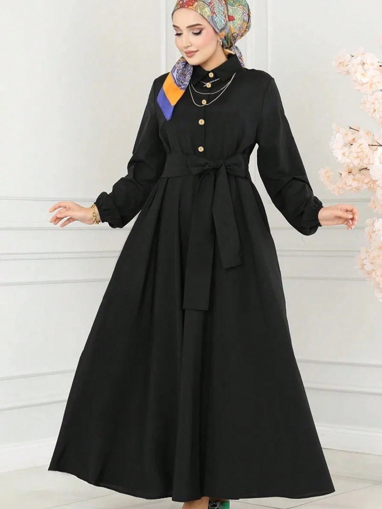 Modest Dress for Women Elegant Plain Polo Collar Button Cinched Waist