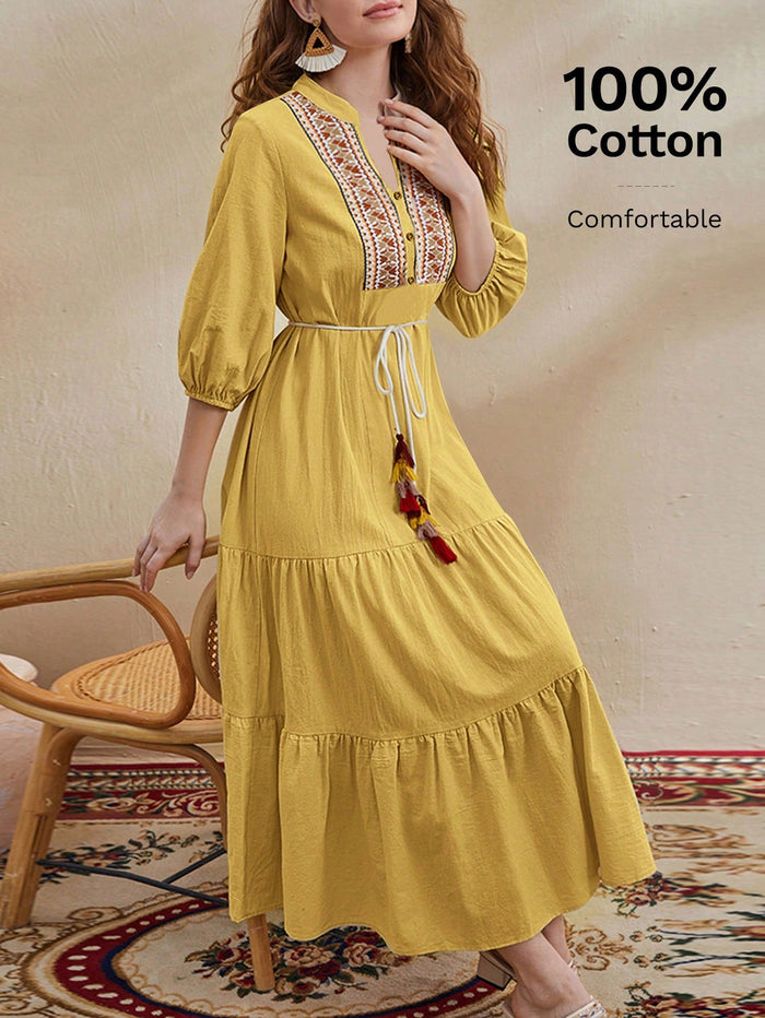 Tie Neck Lantern Sleeve Tassel Detail Ruffle Hem Belted Dress