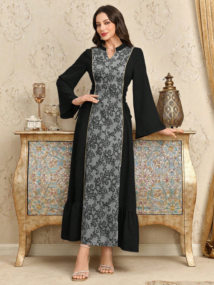 Women's Arabic Style Stand Collar Tied Dress
