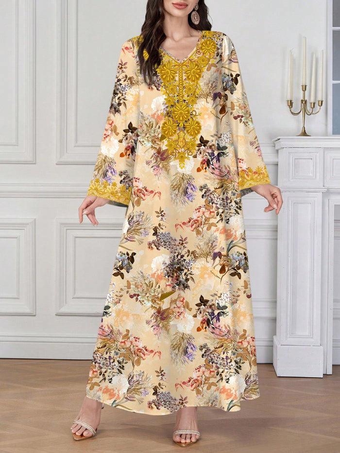 Women's Elegant Retro Floral Placement Print Arabic Style V-neck Dress