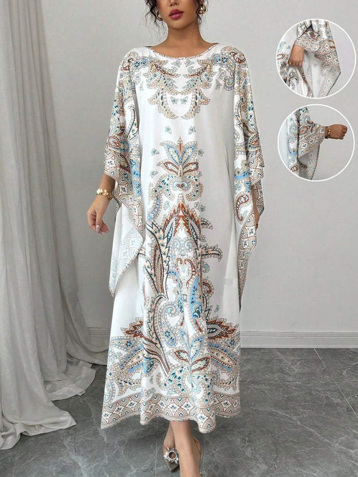 Elegant Loose Middle Eastern Digital Placement Print Round Neck 3 4