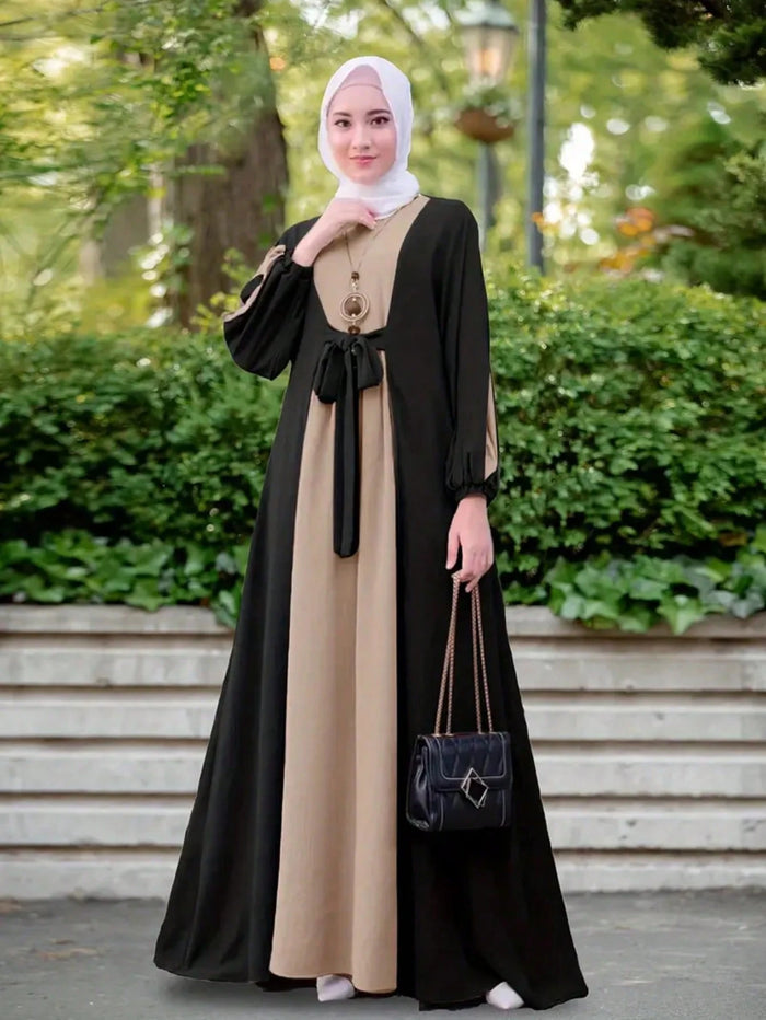 Women's Fashion Color Block Modest Waist Elastic Cuff Round Neck Long