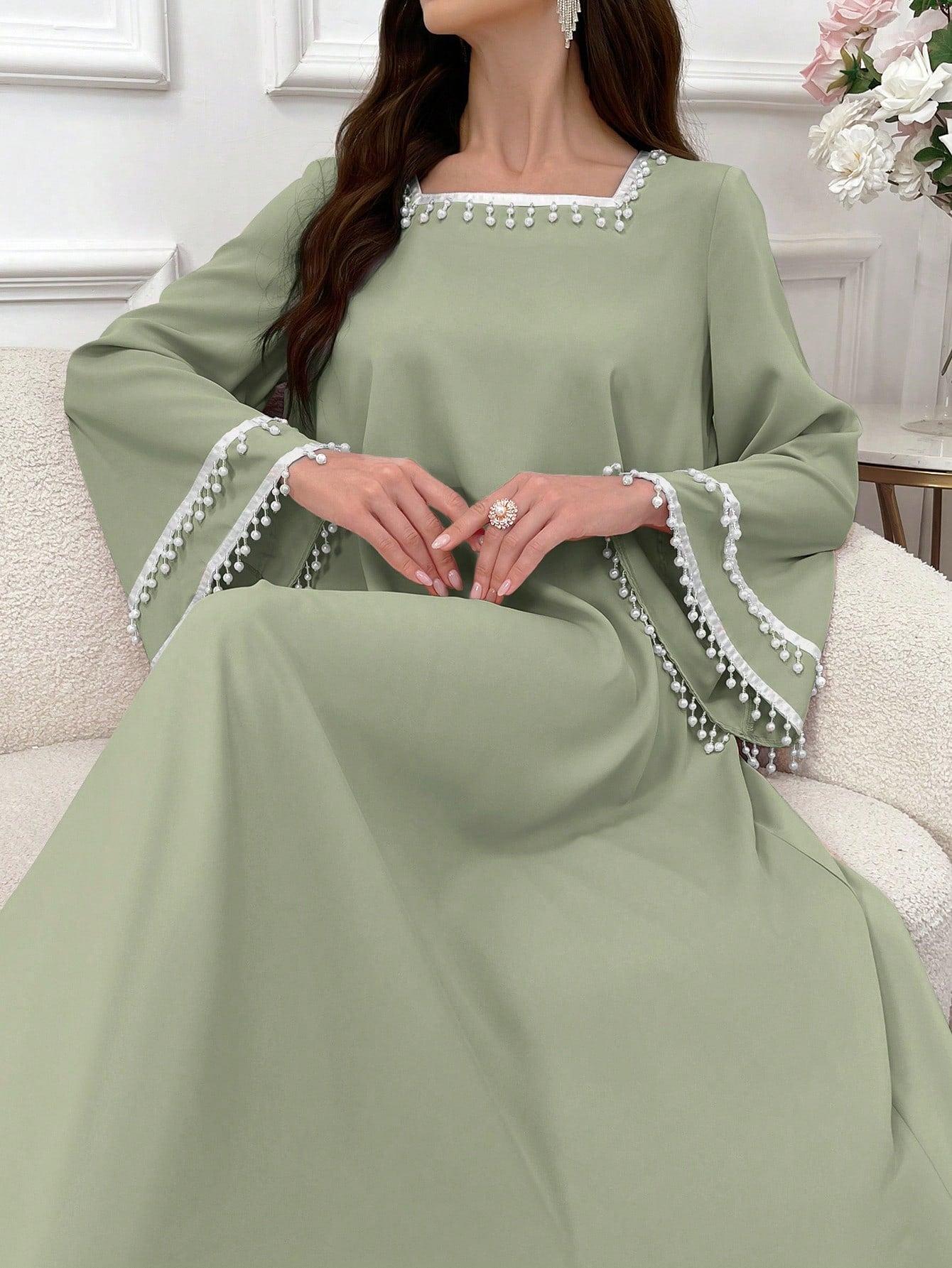 Elegant Square Neck Flare Sleeve Beaded Floral Trim Women Dress Fall