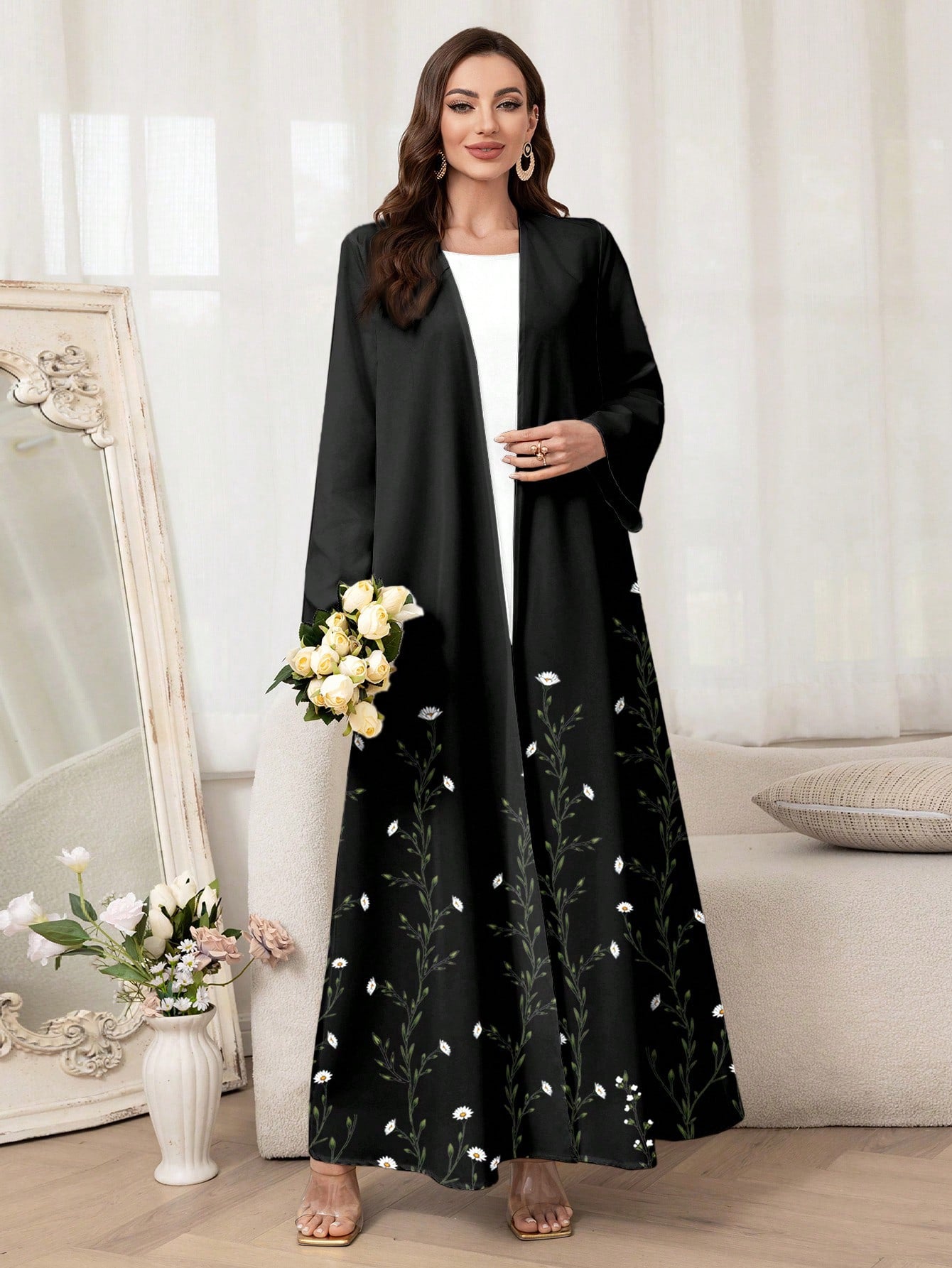 Women's Elegant Floral Printed Arabic Abaya Robe