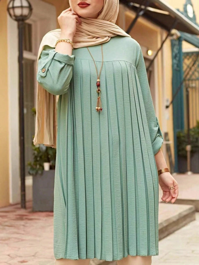 Modest Women's Mint Green Pleated Loose-fit Blouse with Rolled Button