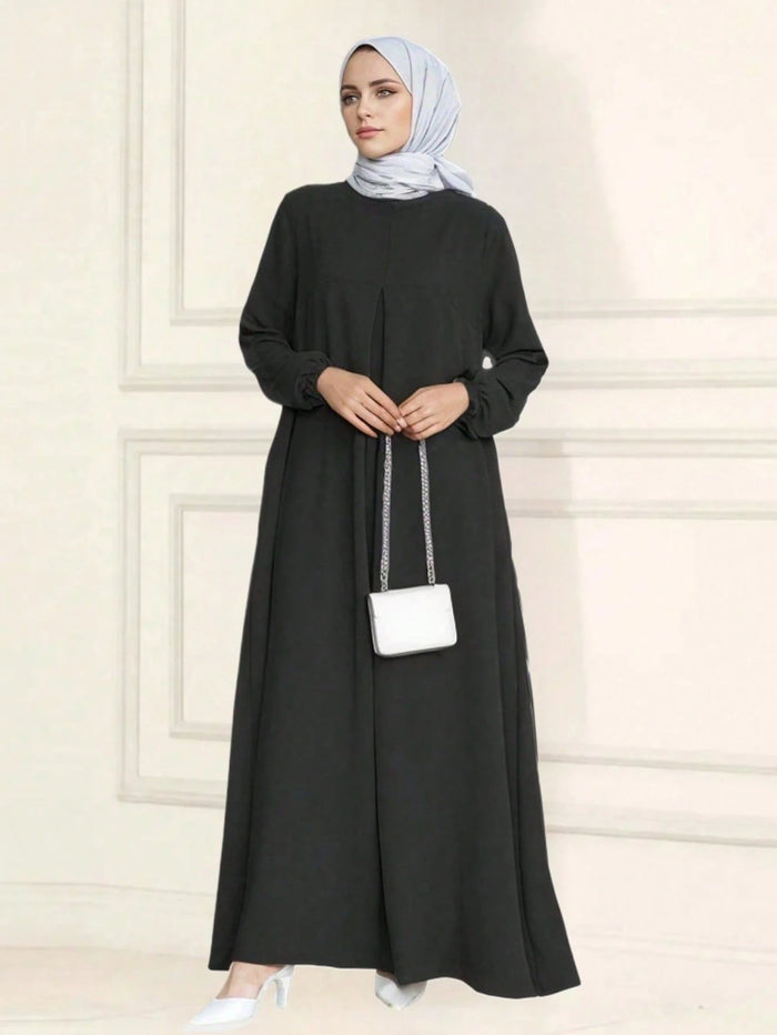 Women's Black Loose Long Pleated Puff Sleeve Islamic Casual Dress