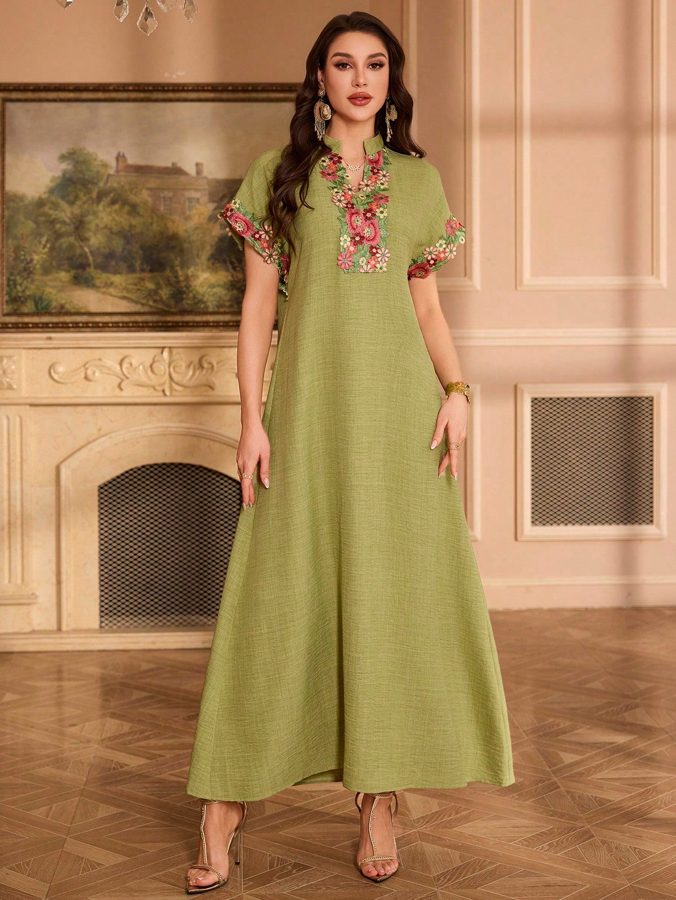 Embroidered Collar Flower Design Shoulder Sleeve Stand Collar Elegant