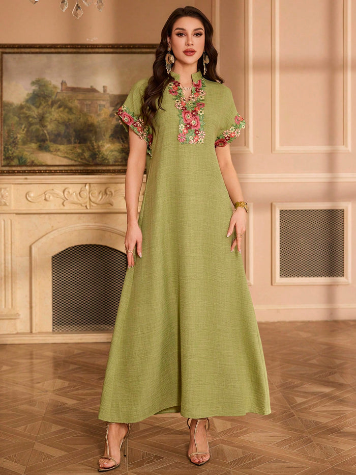 Embroidered Collar Flower Design Shoulder Sleeve Stand Collar Elegant