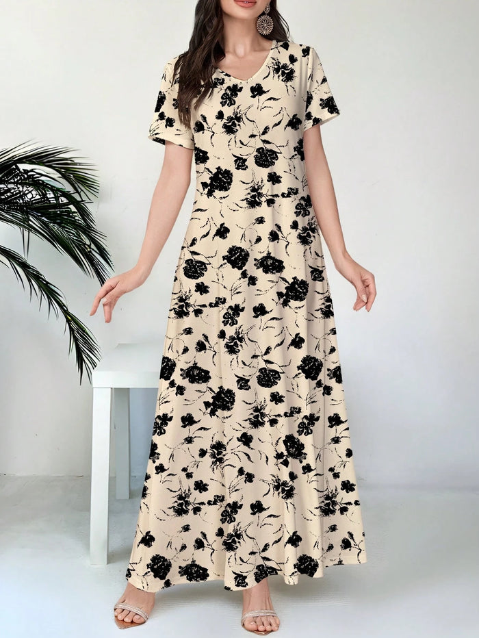 Women's V-neck Short Sleeve Floral Print Knit Dress