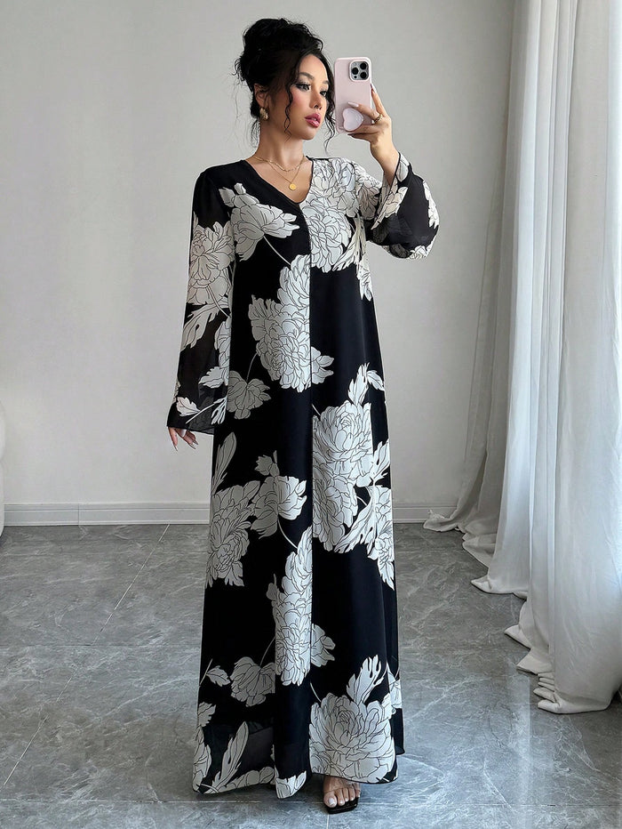 Women's V-neck Flare Sleeve Loose Chiffon Floral Print Solid Color
