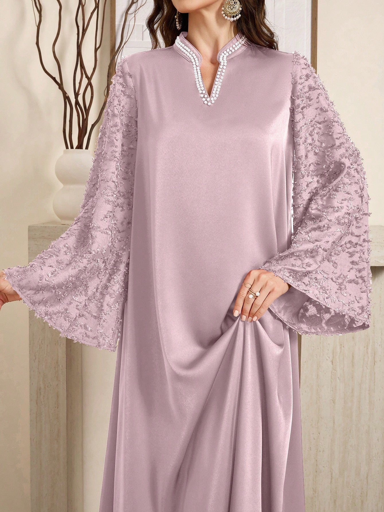 Burgundy Red Women's V-neck Bell Sleeve Faux Pearl Decor Elegant