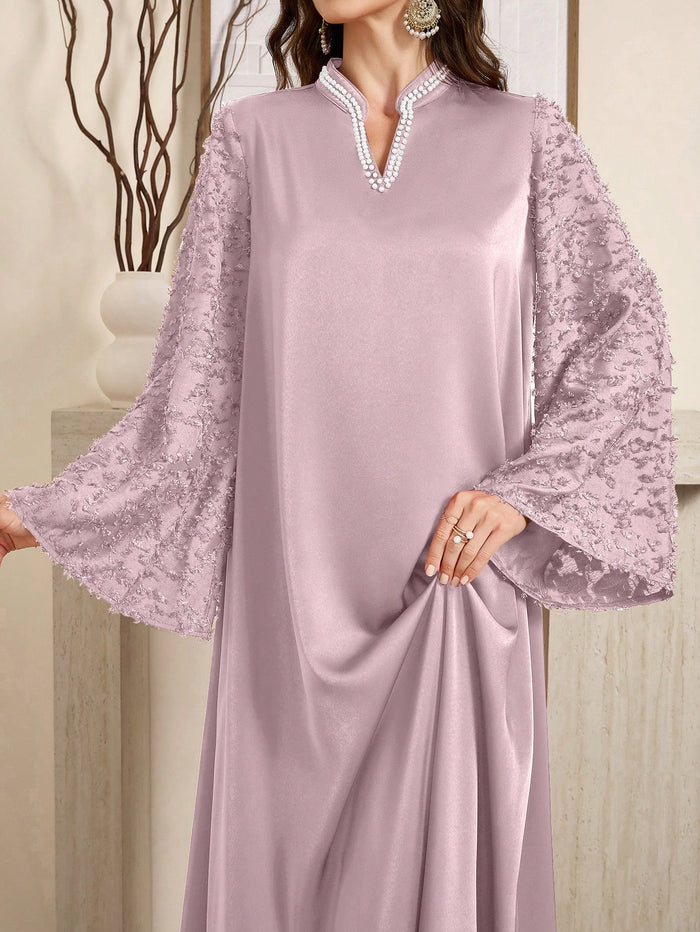 Burgundy Red Women's V-neck Bell Sleeve Faux Pearl Decor Elegant