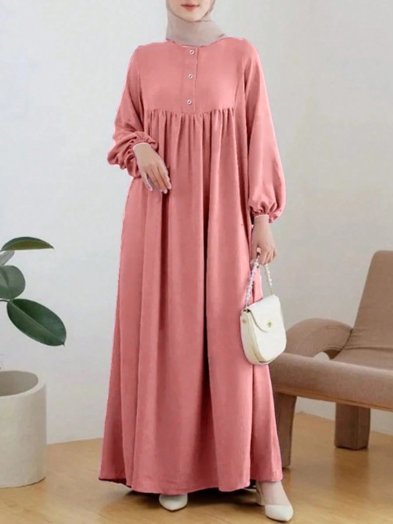 Women's Casual Round Neck Puff Sleeve Loose Dress