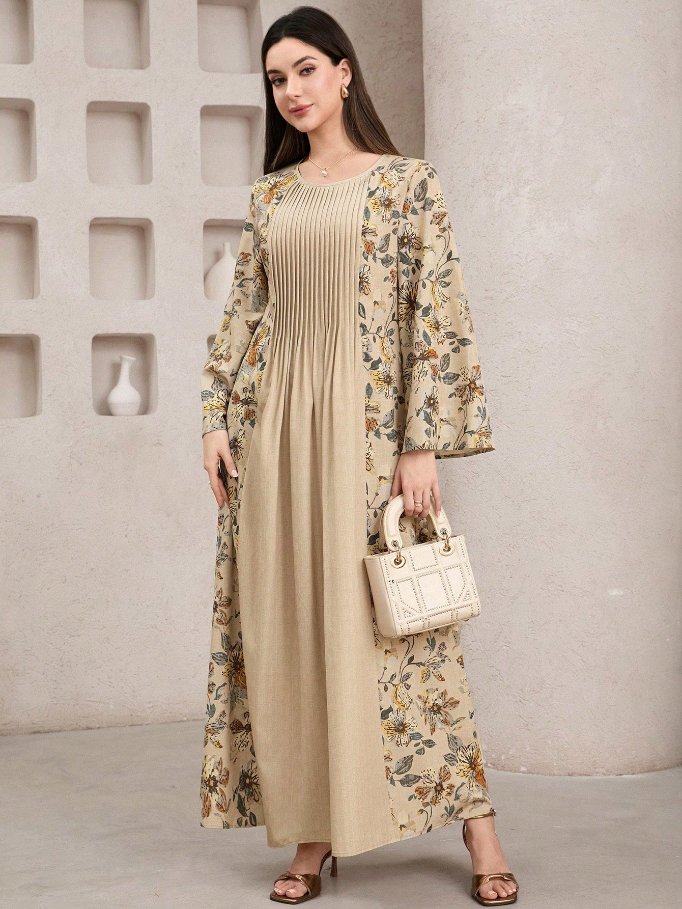 Women's Modest Woven Fabric Long Dress with Round Neck