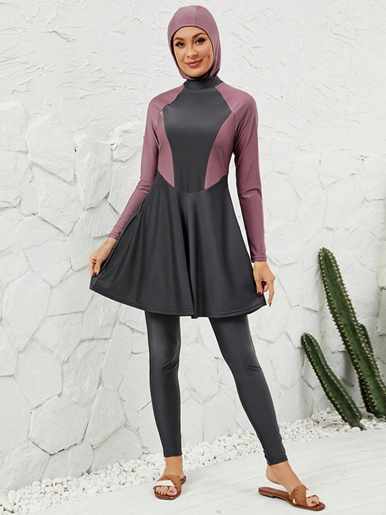 Women Swimwear Islamic Style Gray Pink Patchwork Set