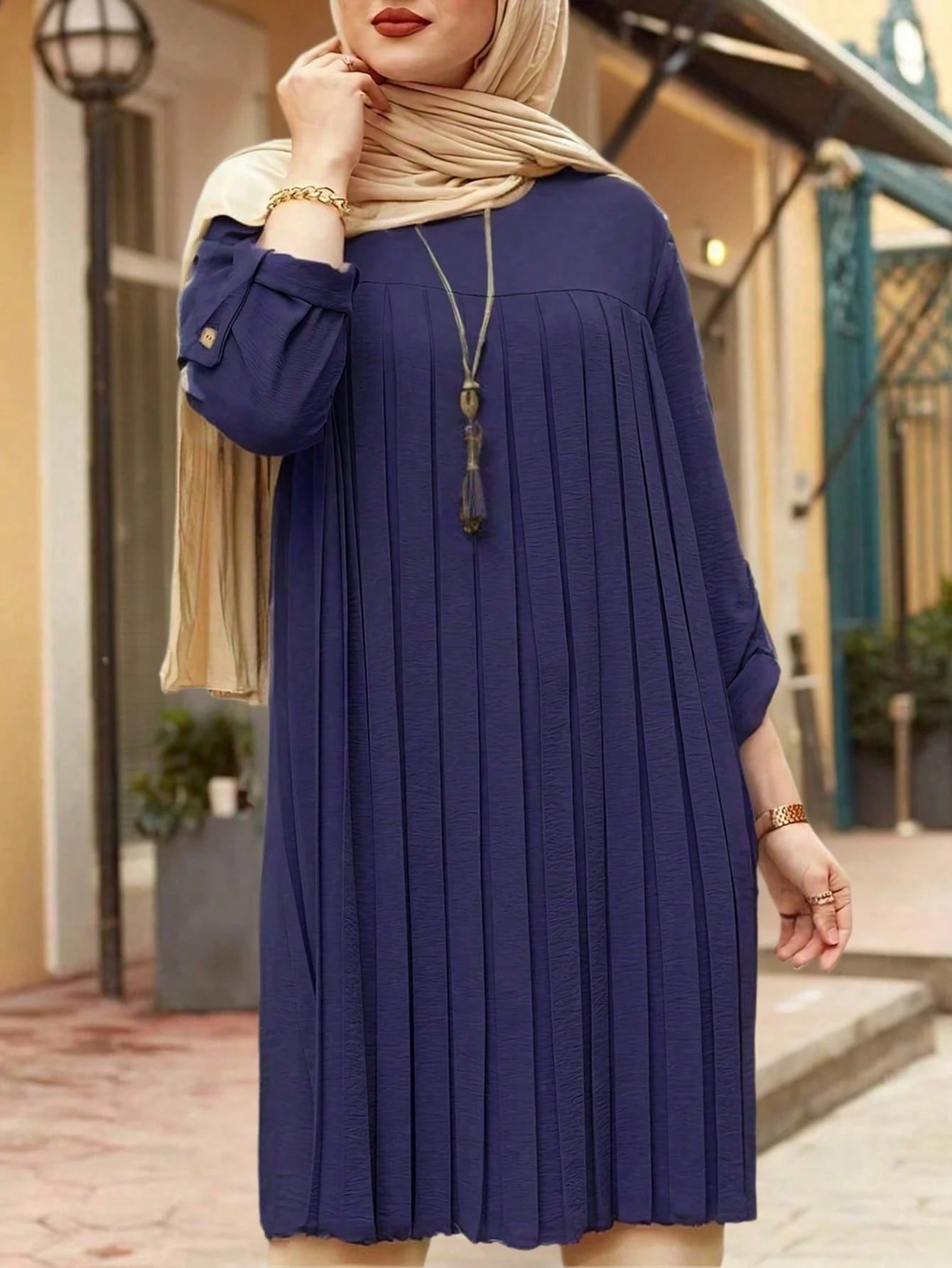 Modest Women's Navy Blue Pleated Loose Fit Blouse with Rolled Cuff
